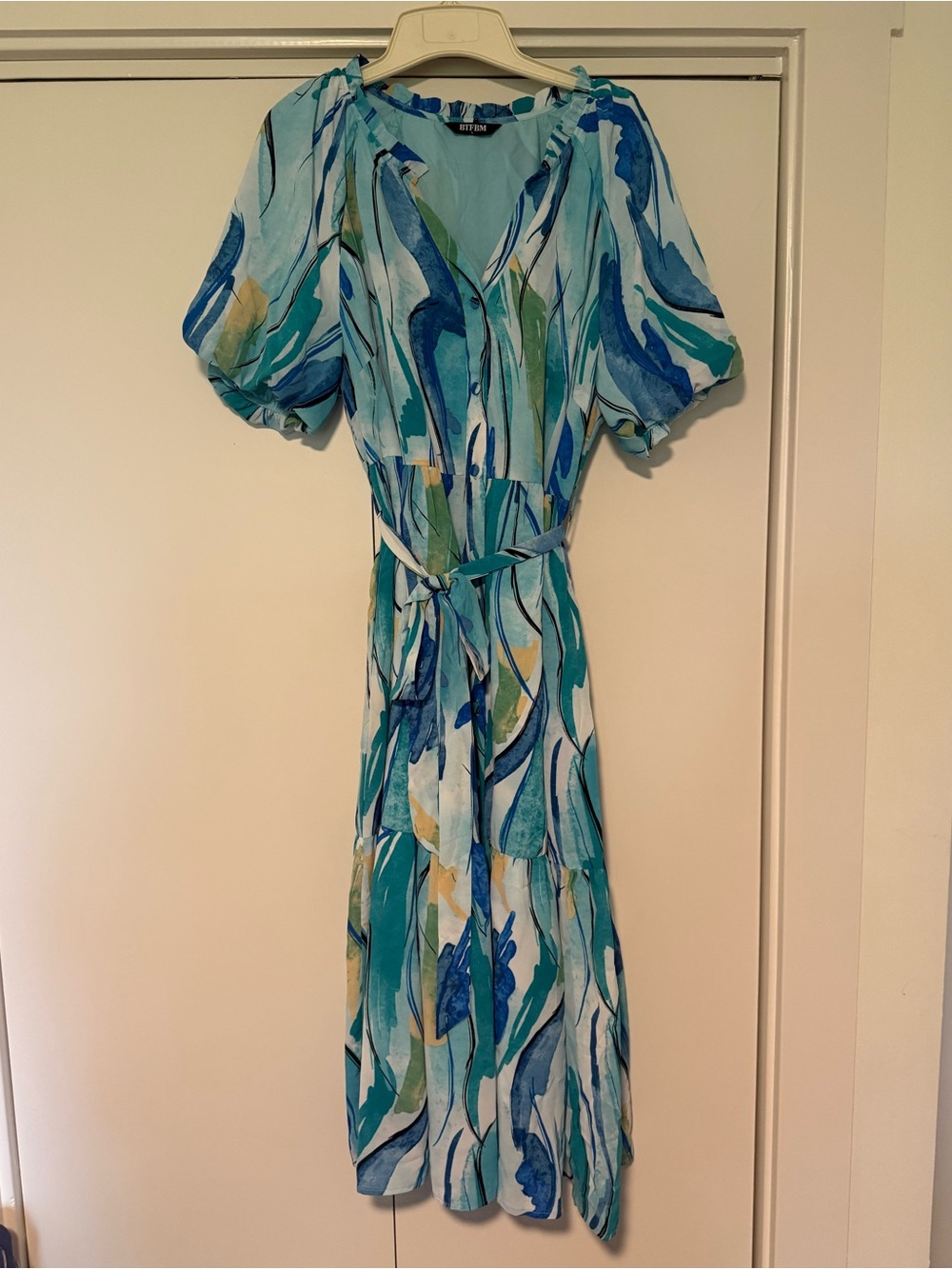 Abstract Teal & Blue Midi Dress with Tie Waist